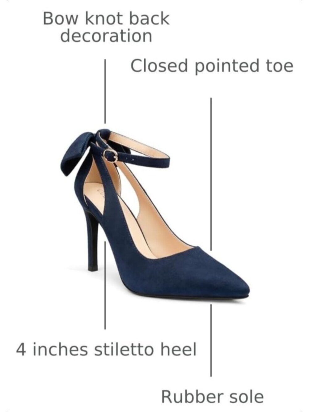 Women's Navy Faux Leather Adjustable Pumps Pointed Toe Ankle Strap Wedding Heel - Picture 3 of 7